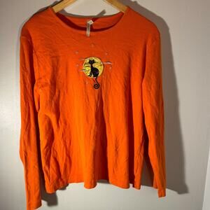 Vintage 90s/Y2K White Stag Halloween Long Sleeve Top Orange Black Cat Sequin L